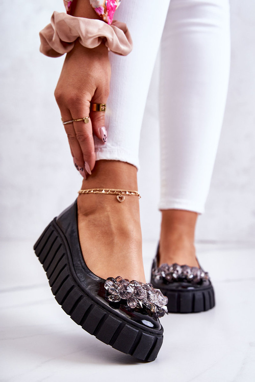 Leather Ballerinas On A Platform With A Ornament Black Ladette 