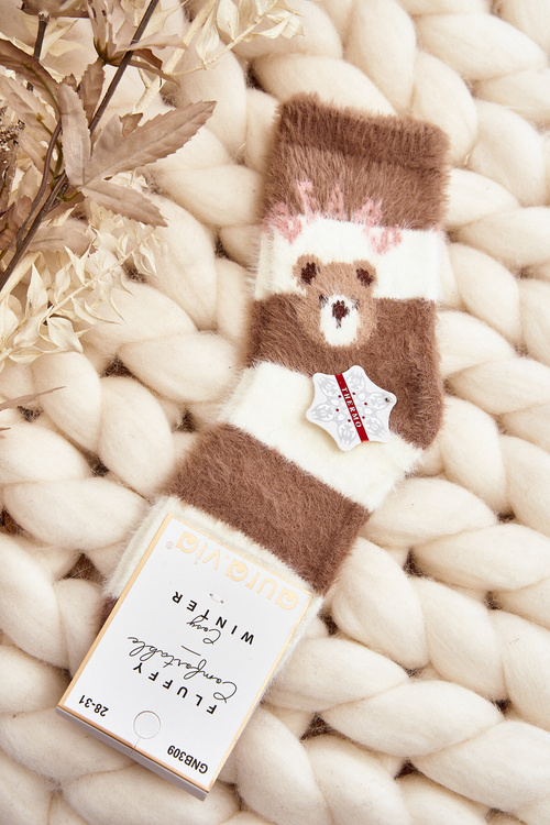 Children's Fur Socks with Bear Brown-White