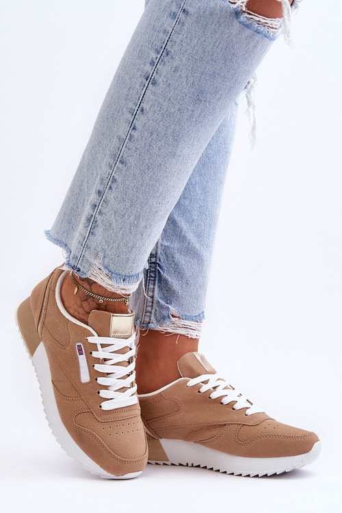 Leather Lace Up Platform Sports Shoes Beige Merida