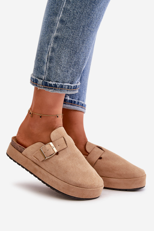 Women's Platform Clogs With Gold Buckle Dark Beige Terilaina