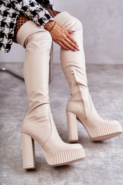 Leather High Boots On Platform Beige Katrina