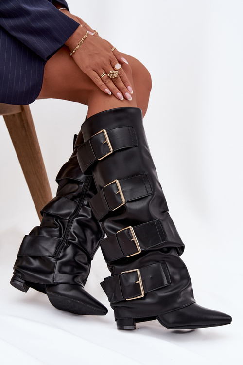 Women's heeled boots with turned upper and gold buckles Black Isavelle