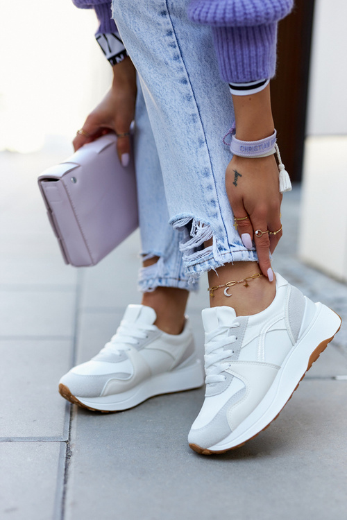 Buty Sportowe Sneakersy Skórzane Wiązane Biało-Szare Coryse