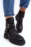 Gennee Leather Black Workery Boots with Chain
