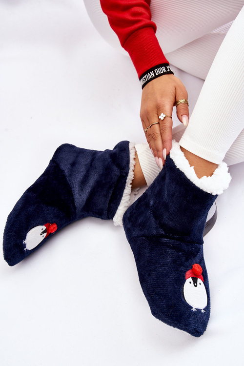 Papcie Damskie Wsuwane Ocieplane Pingwiny Granatowe