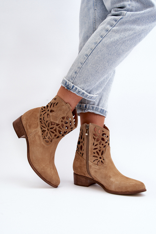 Botki Kowbojki Zamszowe Ażurowe Niski Obcas Beżowe Zazoo 3404