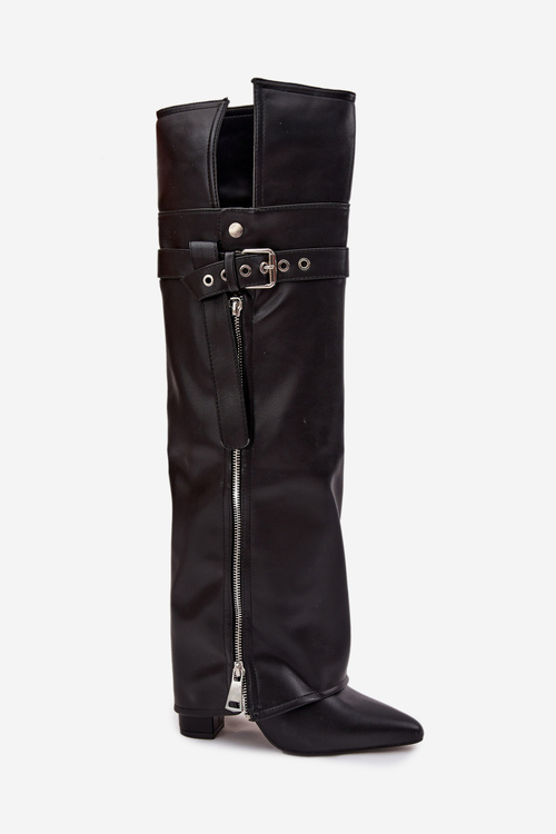 Damskie Kozaki Ocieplane Za Kolano Słupek Pasek Z Klamrą Czarne Reisa