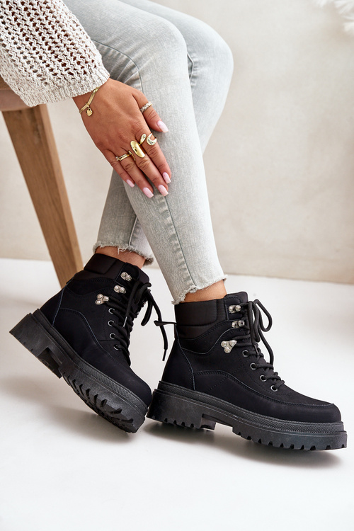 Damskie Sznurowane Trapery Botki Czarne Rabaria
