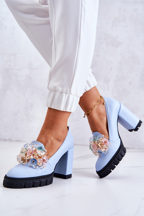 Elegant Pumps With Ornament Smooth Blue Caterine