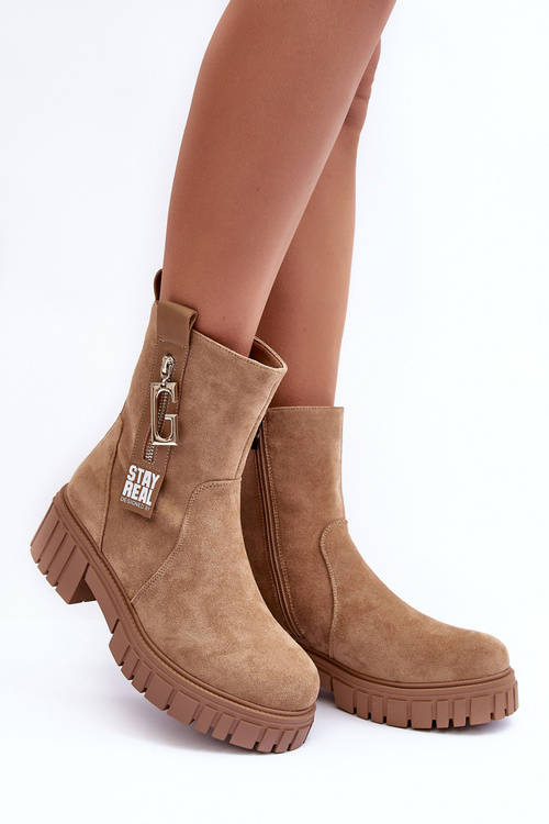 Women's Massive Suede Boots on Flat Heel Beige Lunai
