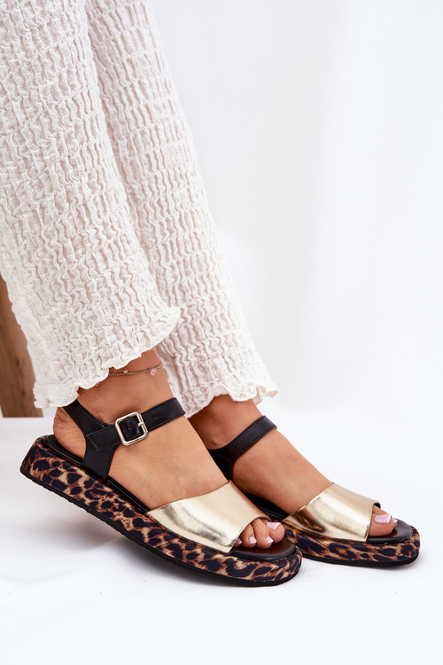 Damskie Skórzane Sandały Na Platformie Panterka Złote S.Barski JC51-347