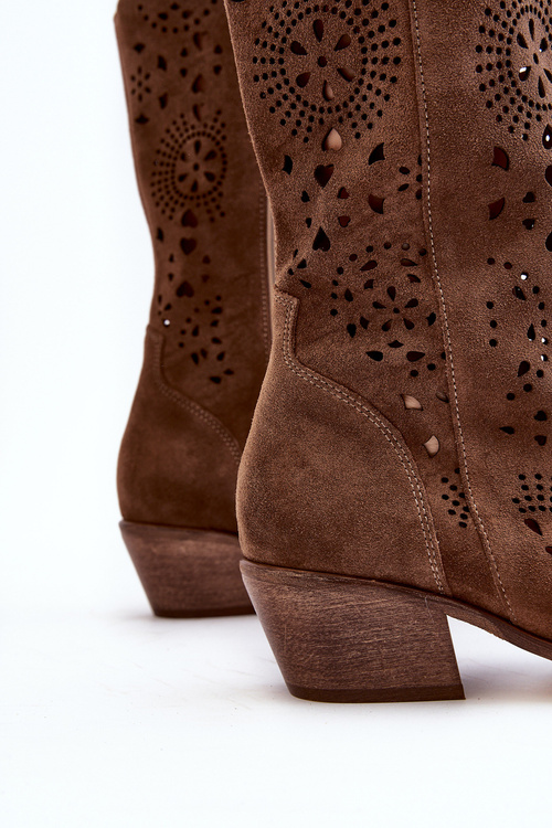Kozaki Ażurowe Do Połowy Łydki Zamsz Zazoo 3396 Brązowe