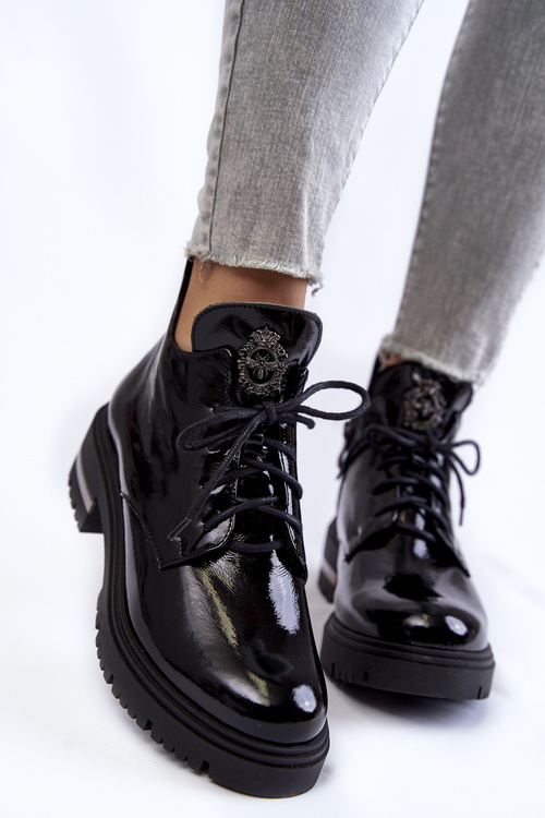 Botki Damskie Lakier Płaski Obcas Czarne Zazoo 60309