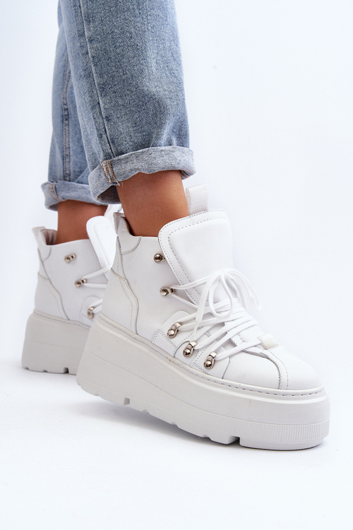 Buty Sportowe Damskie Masywna Platforma Skóra Białe Zazoo 3416