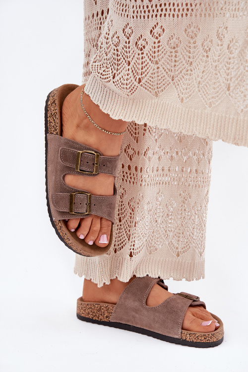 Damskie Zamszowe Klapki Korkowa Podeszwa Klamry Ciemnobeżowe Tavira