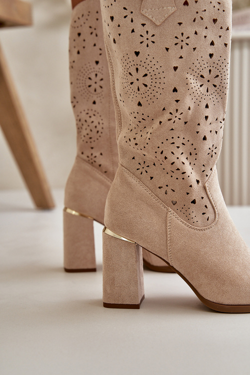 Botki Damskie Ażurowe Obcas Słupek Eko Zamsz Noski W Szpic Beżowe Nevithra