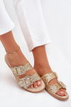 Shiny embellished flip flops with buckles on flat heel gold Tovira