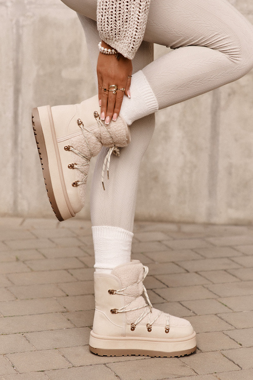 Ladies Platform Snow Boots With Lacing Light Beige Riaviana