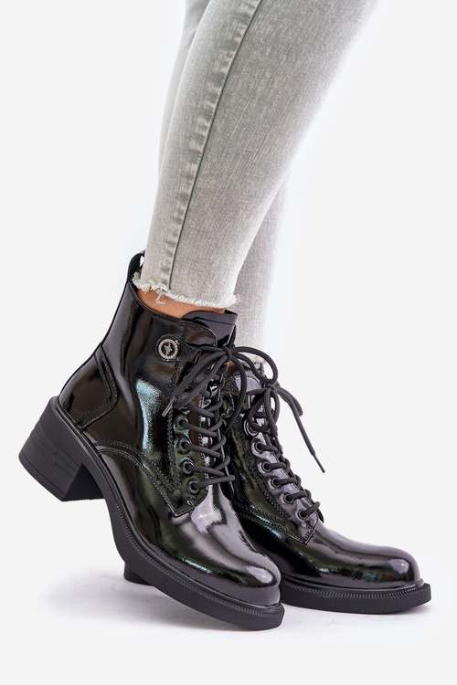 Botki Na Klocku Lakierowane Skórzane Ocieplane Czarne D&A JC42-78