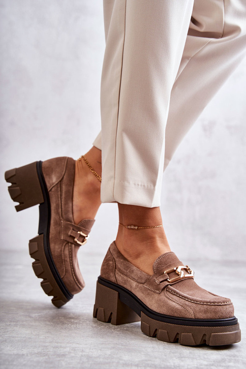 Półbuty Zamsz Obcas Złota Ozdoba Brązowe Lemar Lurdes