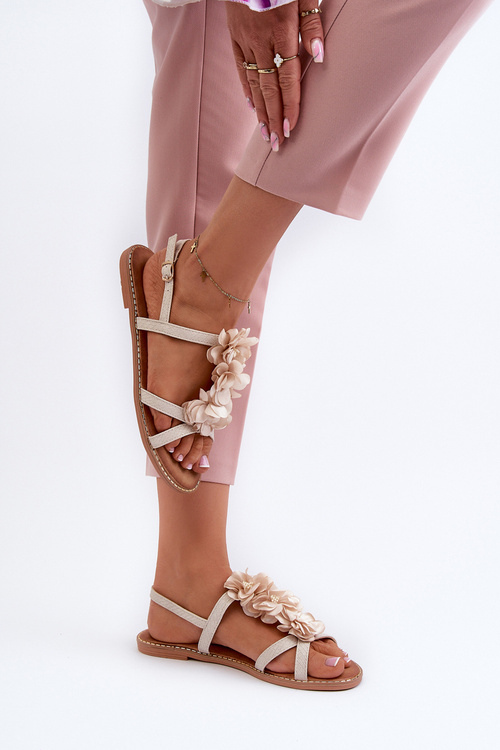 Women's Flat Sandals Adorned with Flowers Beige Abidina