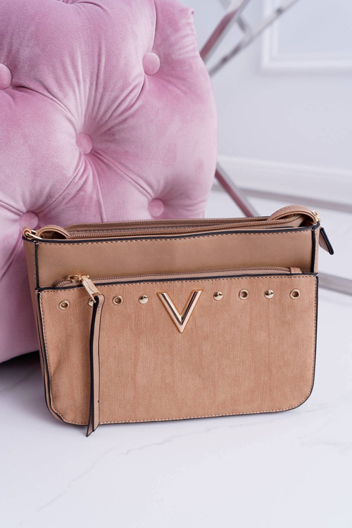 Ladies Handbag Over the Shoulder Beige Golden Letter V