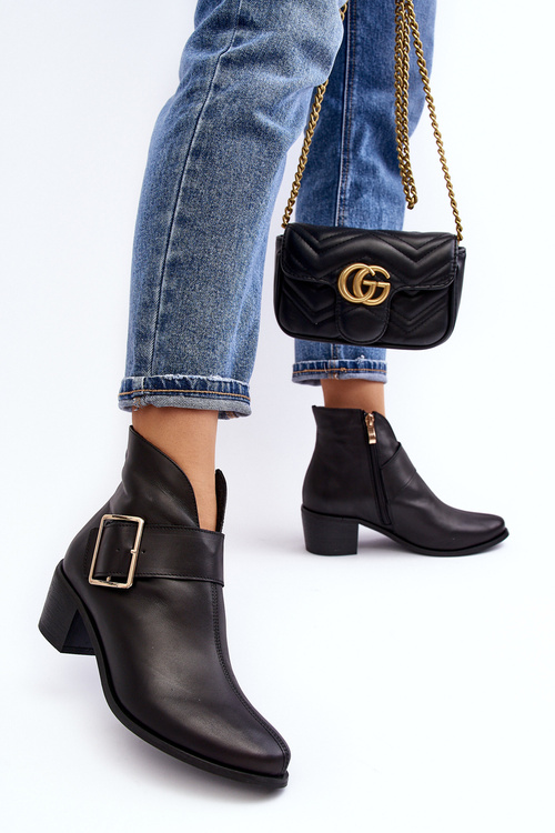 Botki Skóra Naturalna Słupek Klamra Czarne Liliane 4051-M