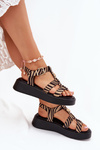 Ladies Platform Sandals With Gold Detail Zebra Beige-Black Fevire