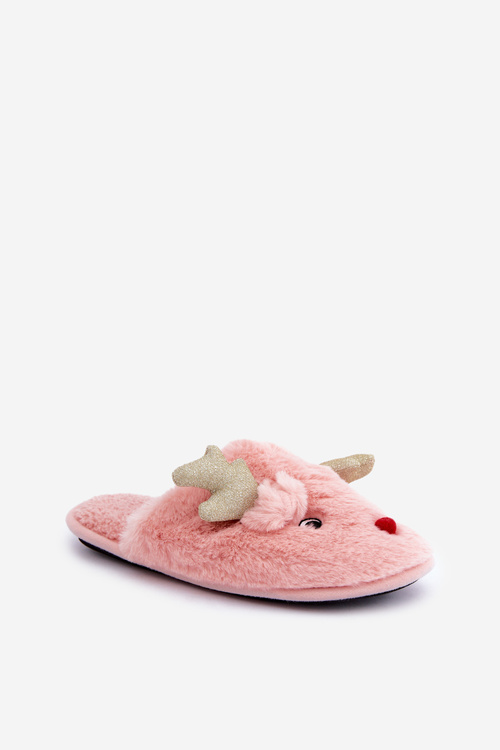 Christmas Slippers With Reindeer Design Furry Pink Asielle