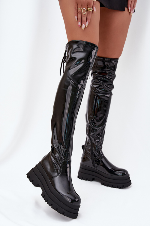 Glossy Knee High Boots On A Chunky Platform Black Ravela