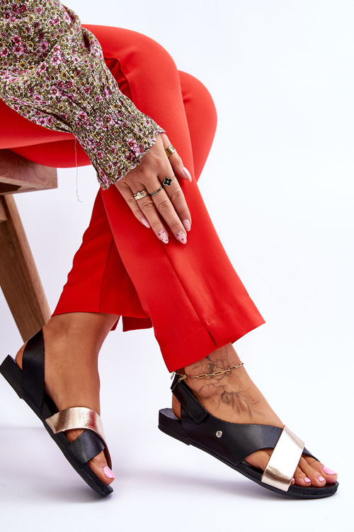 Sandały Skóra Na Rzep Czarno-Złote Zazoo 40141