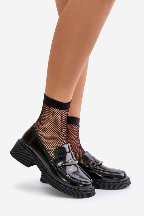 Loafersy Mokasyny Lakierowane Damskie Ozdoba Czarne D&A LZ42-031