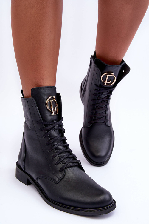 Leather Lace-Up Boots With Ornament Black Nicole 2750