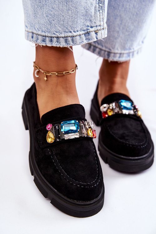 Półbuty Loafery Damskie Zamsz Ozdoba Czarne Karlott