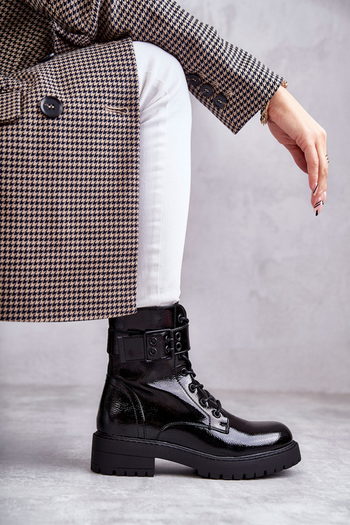 Women's Lace-up Laquered Flat Heel Boots Black Firmina