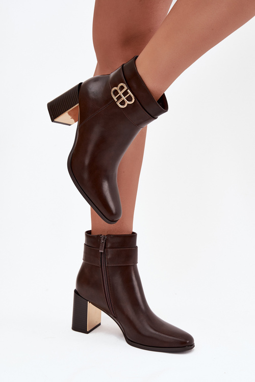 Women's Ankle Boots On Heel With Strap And Gold Detail Chocolate Galinne