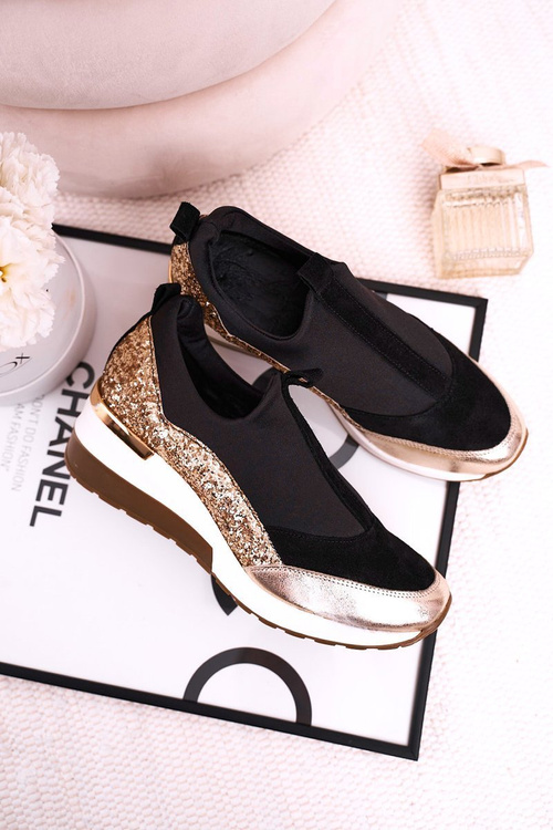 Women’s Leather Wedge Sneakers Black Gold Frances