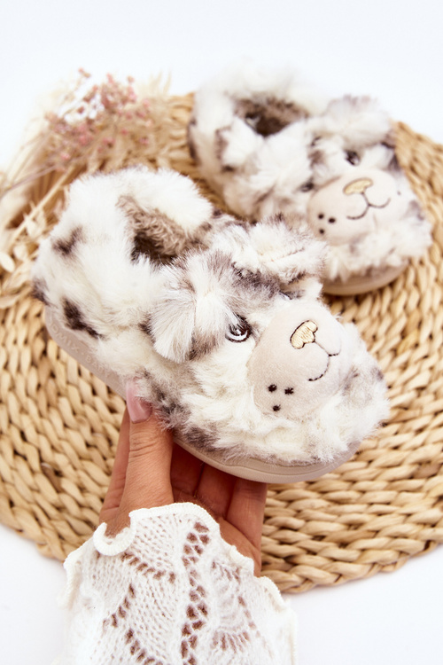 Children's fur slippers with bear light beige Apolanie