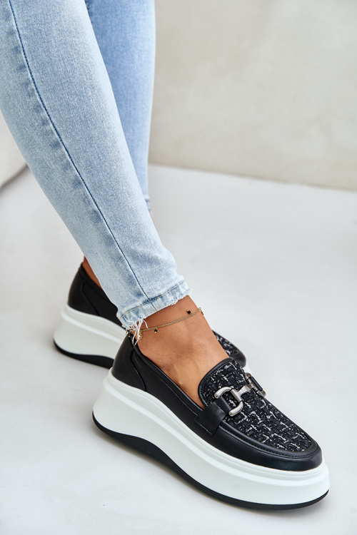 Leather Women's Moccasins On Platform With Decoration Black Vinceza 89105