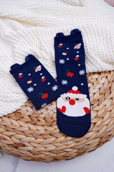 Women's Christmas Socks Navy Blue With Ears and Santa Claus
