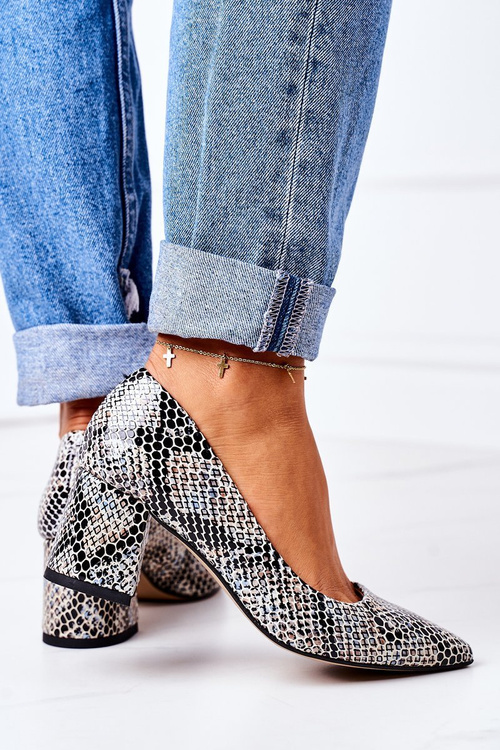 Skórzane Czółenka Ze Zwierzęcym Wzorem Lewski Shoes 2801 Czarno-Niebieskie