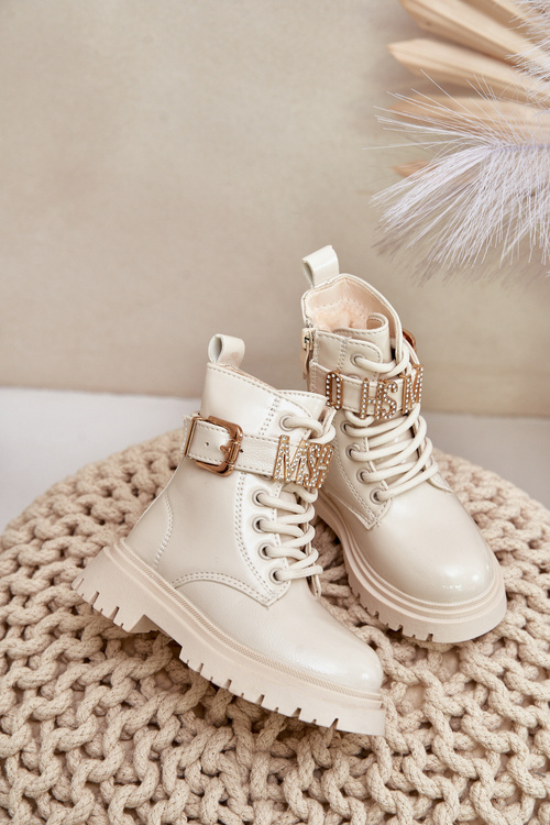 Girls Patent Boots Insulated With Decorative Strap Beige Gilian