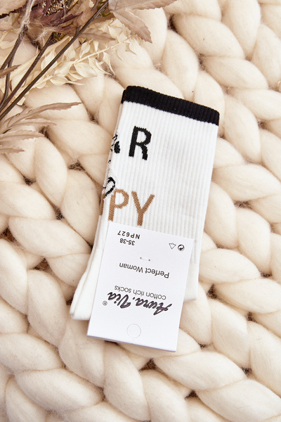 Women's Cotton Socks with Writing and Bear White