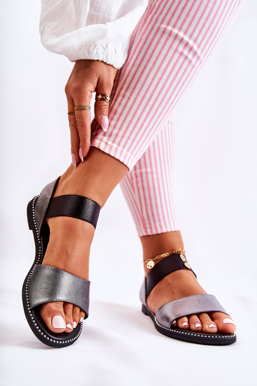 Classic Leather Sandals With Studs Dark Silver Shelly