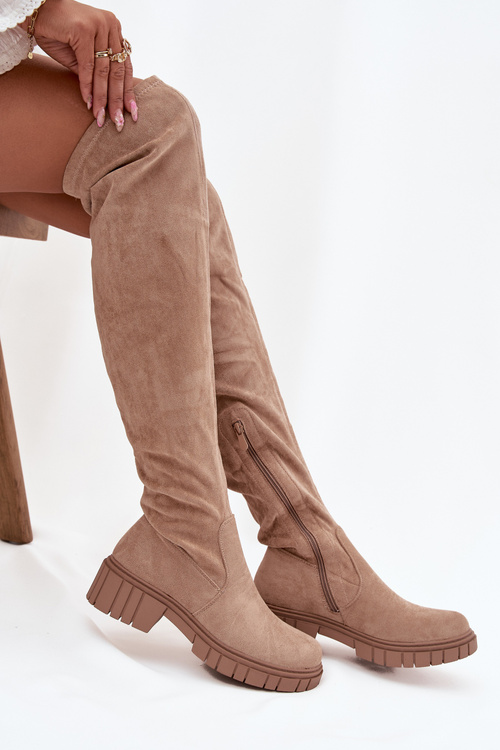 Damskie Kozaki Za Kolano Eko Zamsz Beżowe S.Barski HY42-122