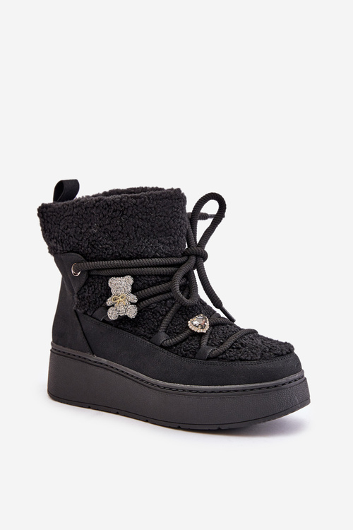 Damskie Śniegowce Na Platformie Z Przypinkami I Futerkiem Czarne Almatiza