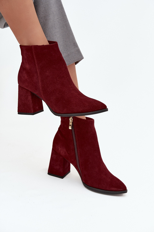 Damskie Botki Zamszowe Obcas Słupek Ocieplane Bordowe Zazoo 3128