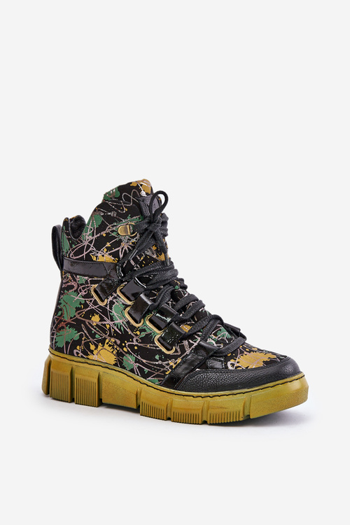 Leather Flat Lace-Up Ankle Boots Maciejka 06158-07 Yellow-Black