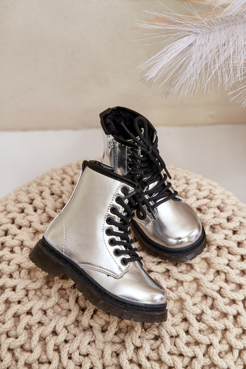 Lined Girls Patent Ankle Boots with Zip Silver Novita