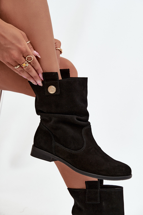 Leather Suede Women's Ankle Boots with Gathering Insulated Zazoo 4210 Black